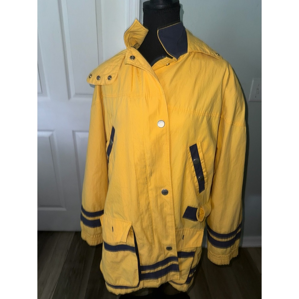 Mulberry Street Yellow Nautical Striped Hooded Rain Jacket Womens